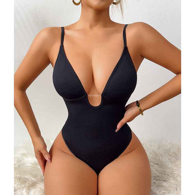 Deep V-Neck Thong Bodysuit - Tummy Control Shapewear