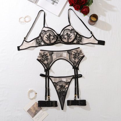Sheer Lingerie Set - Embroidered Mesh Bra