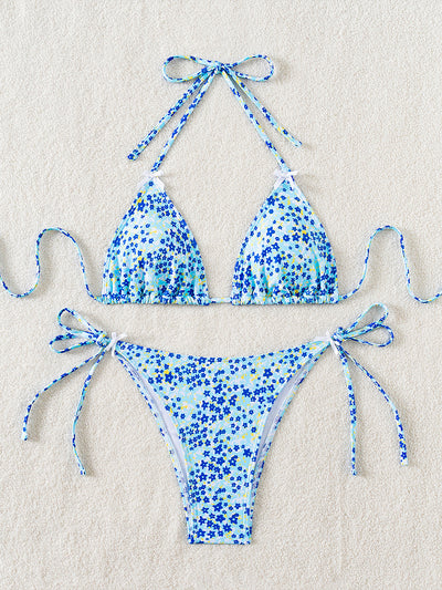 Floral Triangle Bikini - Lace Up Front Tie Bottoms Set