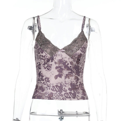 Leopard Print Camisole - Lace Trim Spaghetti Strap