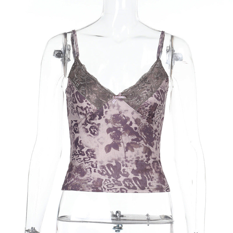 Leopard Print Camisole - Lace Trim Spaghetti Strap