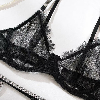 Lace Lingerie Set - 4 Piece Rhinestone Garter Belt - Fashions Envy