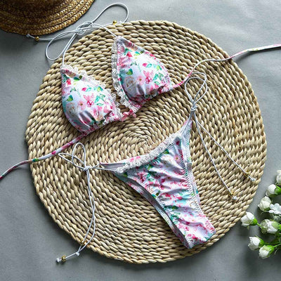 Pink Lace-Up Bikini Set - Plunge V-Neck Tie Front
