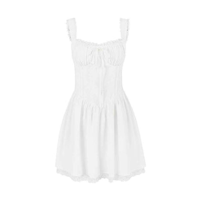 White Lace Backless Dress - Spaghetti Strap Patchwork Midi