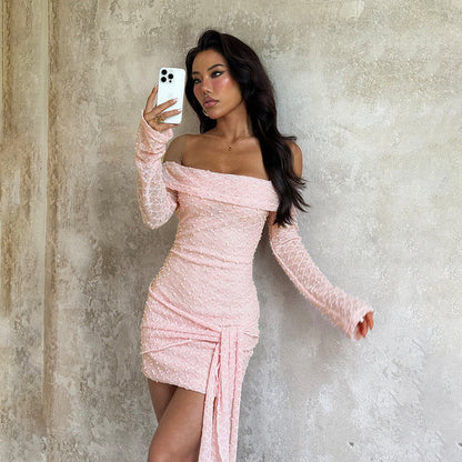 Off-Shoulder Mini Dress - Pink Lace Long Sleeve - Fashions Envy
