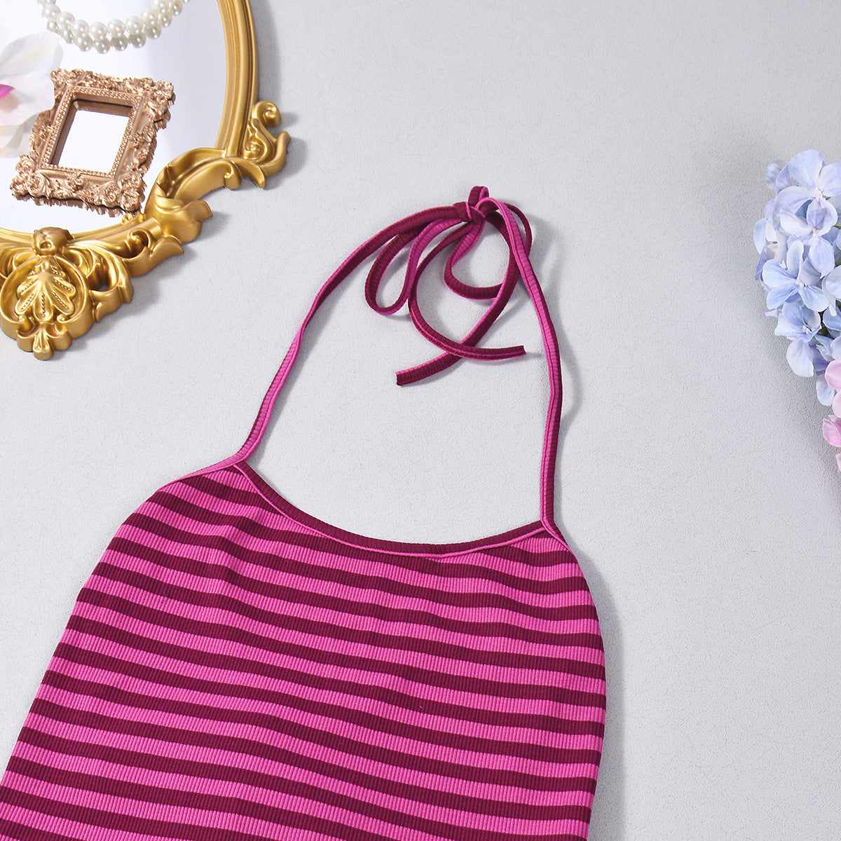 Striped Halter Neck Outfit - Crop Top Shorts Set