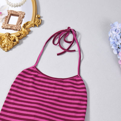 Striped Halter Neck Outfit - Crop Top Shorts Set