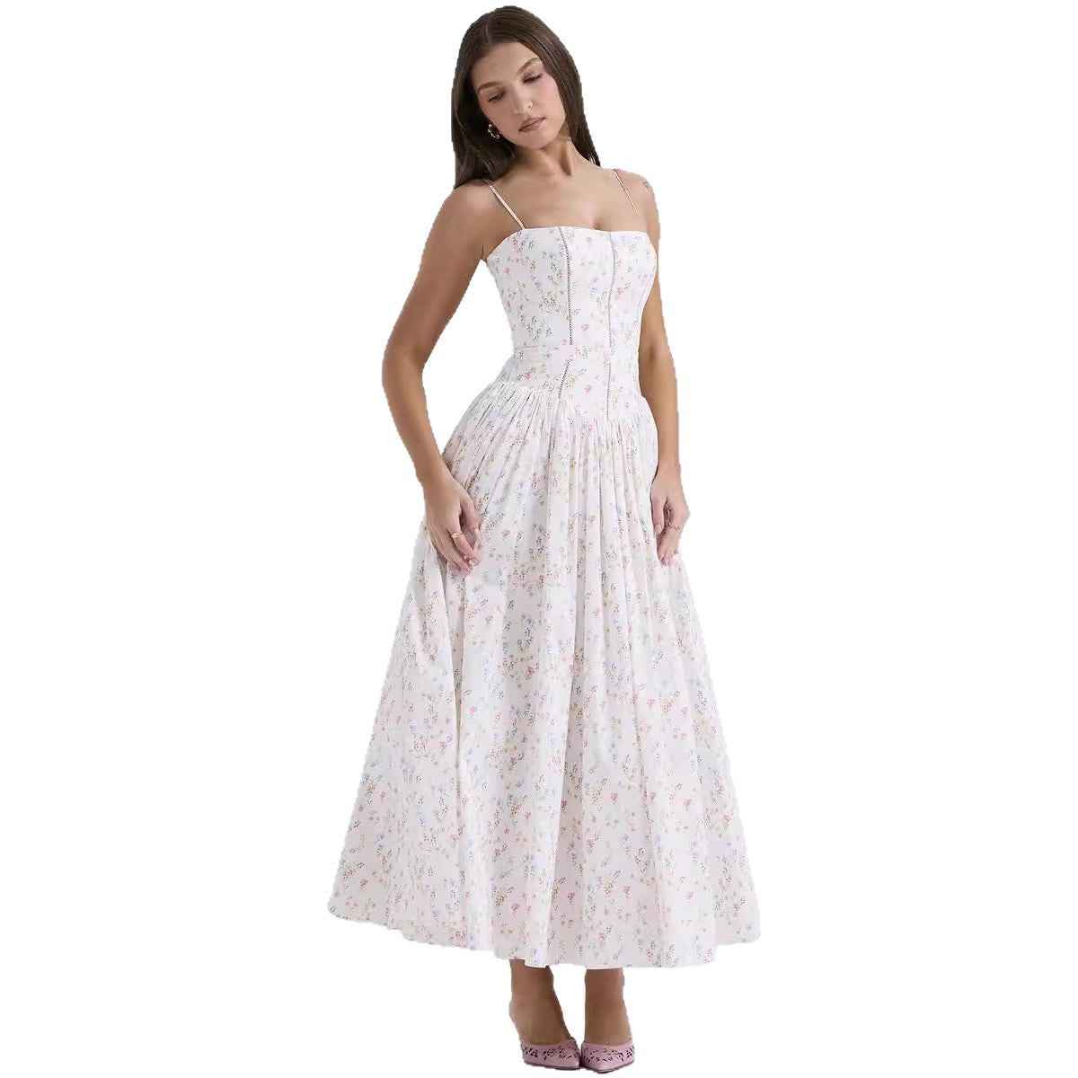 Floral Cami Maxi Dress - Cinched Waist A-Line Spaghetti Strap