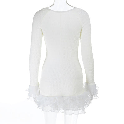 Textured Lace Midi Dress - Long Sleeve Ivory - Fashions Envy