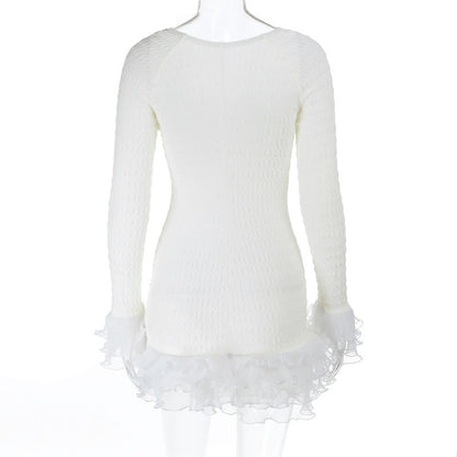 Textured Lace Midi Dress - Long Sleeve Ivory - Fashions Envy