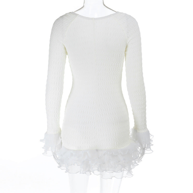 Textured Lace Midi Dress - Long Sleeve Ivory - Fashions Envy