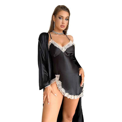 Satin Robe Set - Long Sleeve Robe and Slip Nightdress