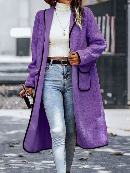 Full Size Contrast Trim Long Sleeve Coat with Pockets - Fashions Envy