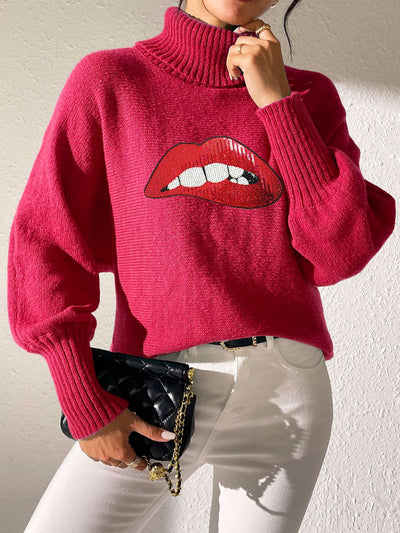 Lip Turtleneck Long Sleeve Sweater - Fashions Envy