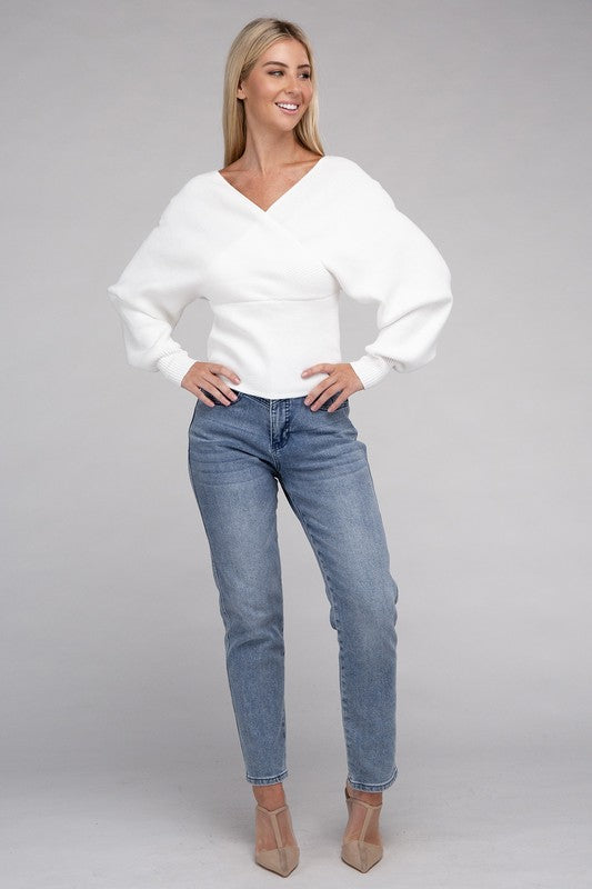 Cross-Wrap Viscose Long Sleeve Pullover Sweater