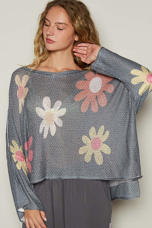 Charcoal Flower Dropped Shoulder Long Sleeve Knit Top