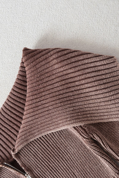 Double Take Ribbed Off-Shoulder Zip Up Long Sleeve Cardigan - Fashions Envy