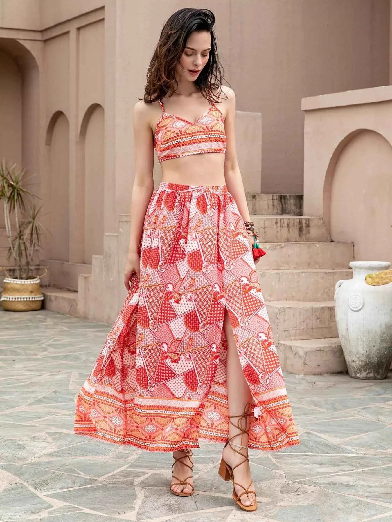 Printed Crop Top and Slit Skirt Set