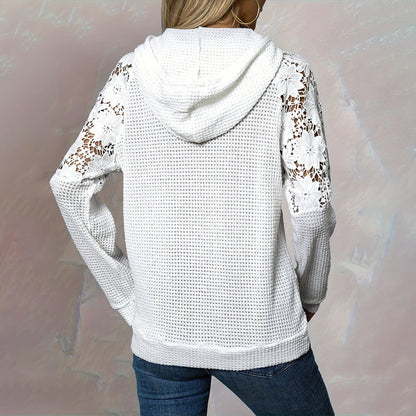 Women's Solid Color Casual Hoodie With Lace-Trim