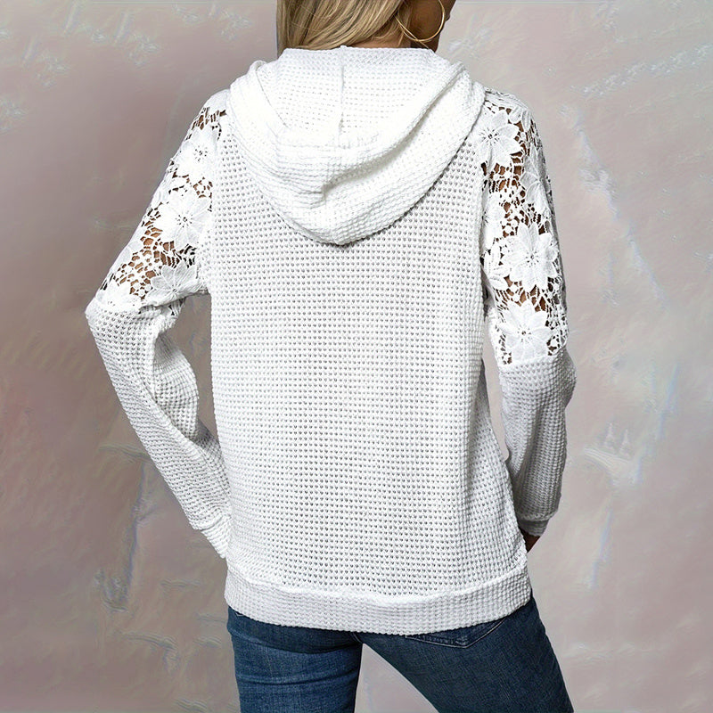 Women's Solid Color Casual Hoodie With Lace-Trim