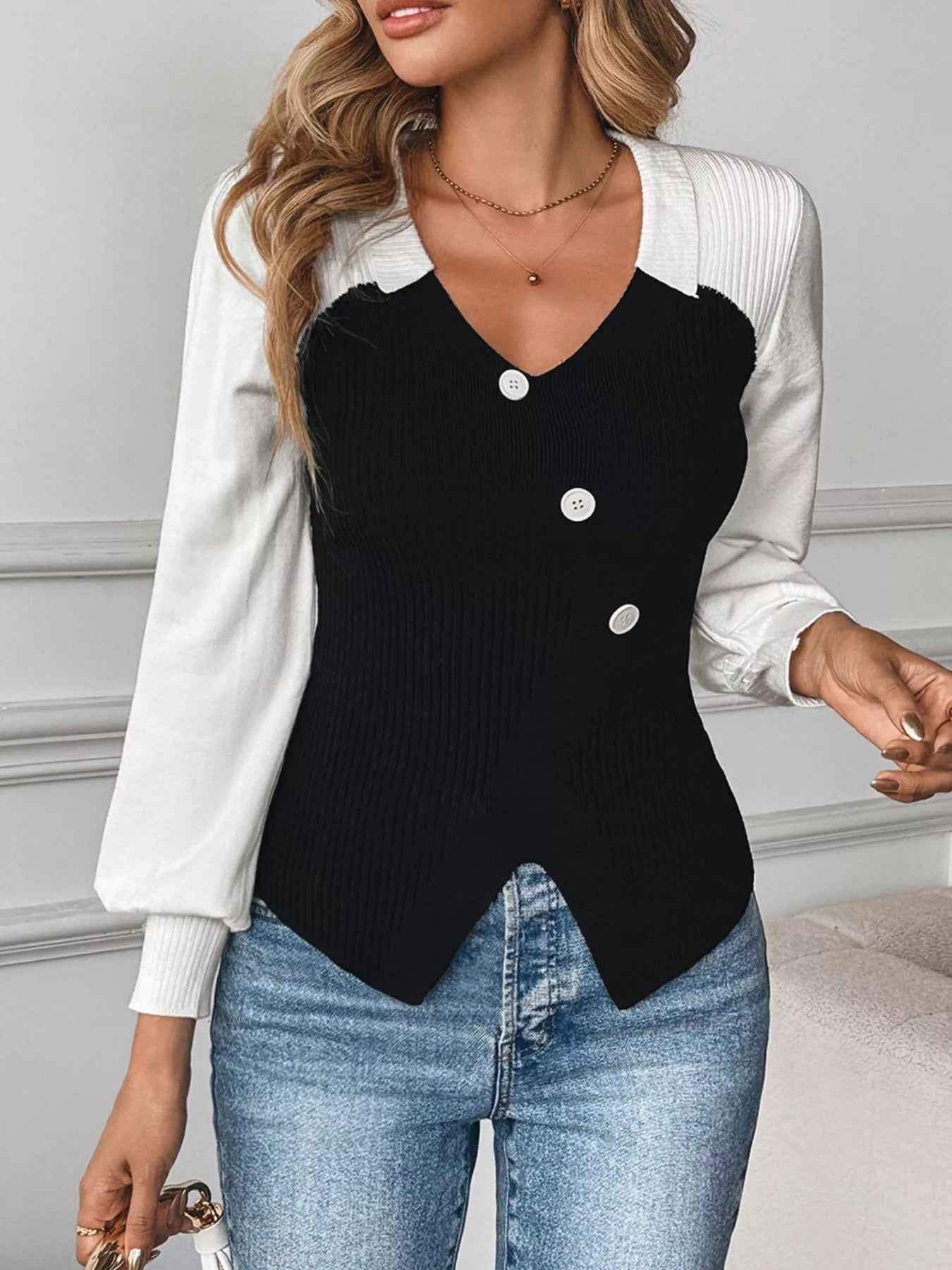 Color Block V-Neck Sweater - Chic Button Detail - Fashions Envy
