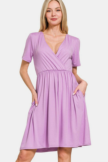 Pink Purple Surplice Short Sleeve Brushed DTY Dress