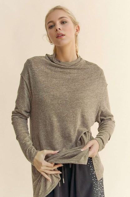 Taupe Slit Mock Neck Long Sleeve Top