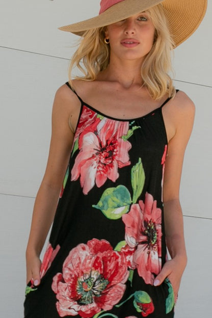 Floral Halter Round Neck Maxi Dress with Pockets