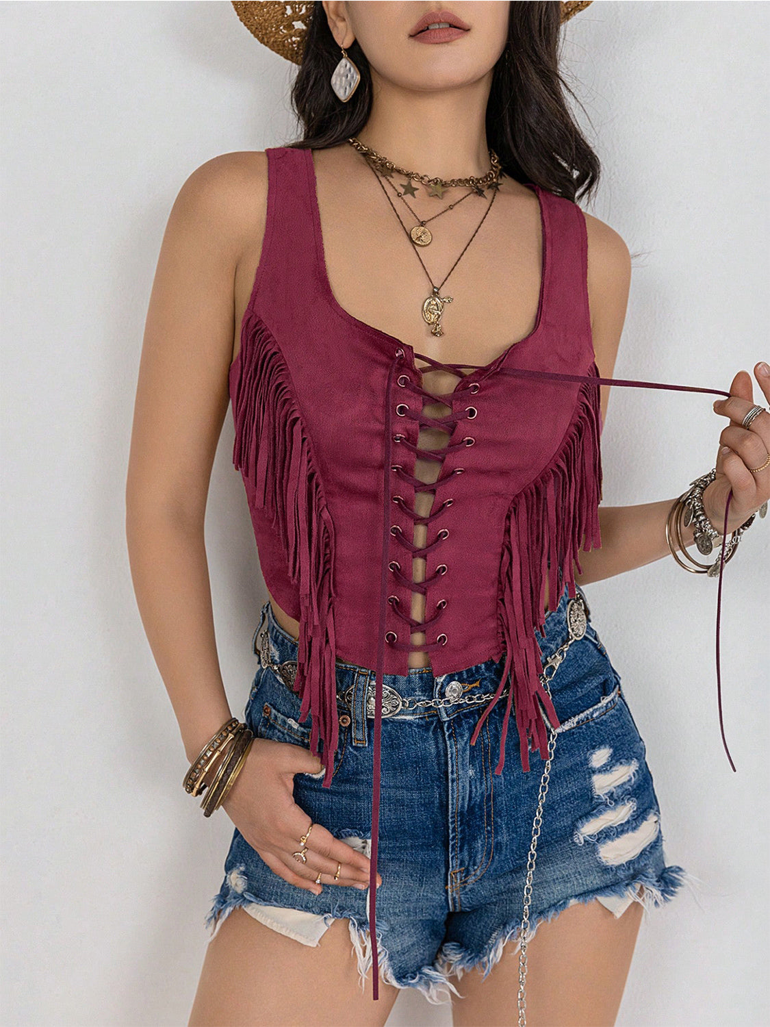 Fringe Lace-Up Vest - Fashions Envy