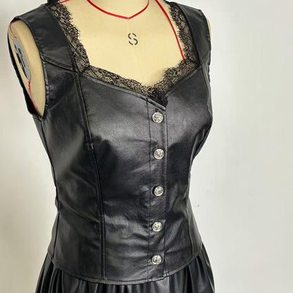 Faux Leather Vest - Lace Trim V-Neck Club Party Top