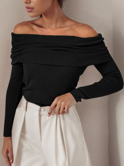 Off-Shoulder Sweater - Long Sleeve Knit Pullover