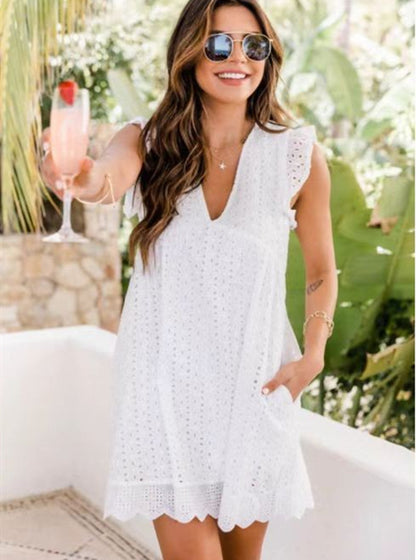 Lace Beach Dress - V-Neck Sleeveless Summer Dress with Pockets