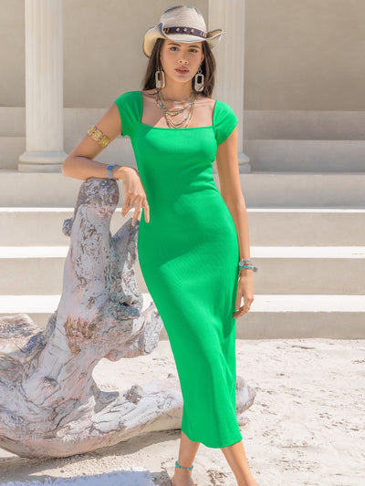 Green Square Neck Cap Sleeve Midi Dress