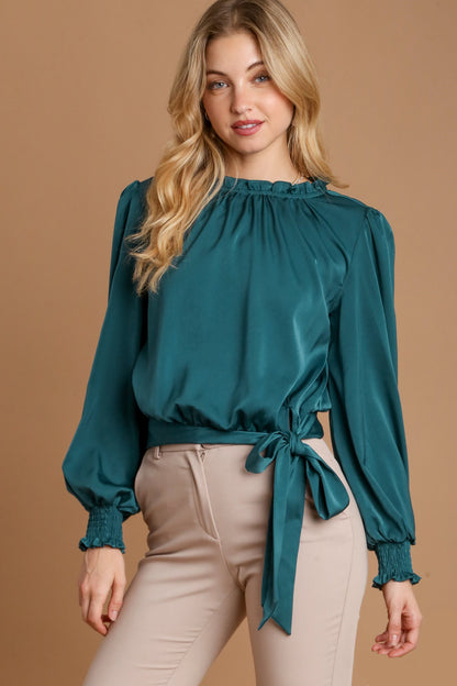 Deep Teal Frill Tied Hem Long Sleeve Blouse