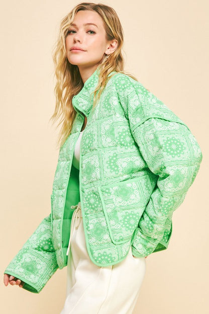 Neon Green Vintage Print Open Front Jacket with Pockets