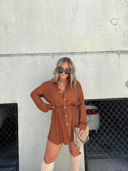 Mini Shirt Dress - Long Sleeve Button Up Style