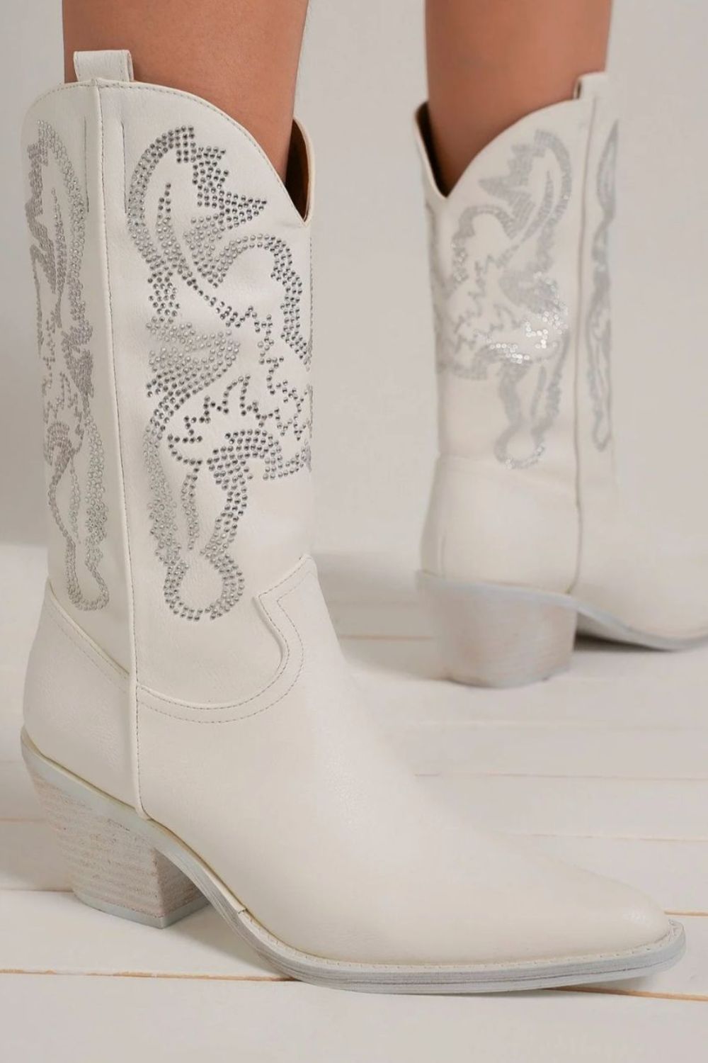 White Rhinestone Detail Point Toe Boots