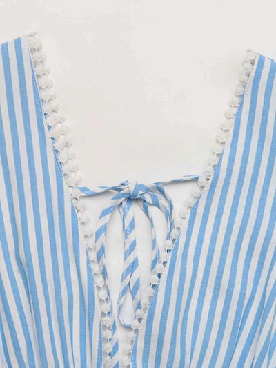Light Blue Striped Mini Dress - Pom-Pom Hem Tie Front