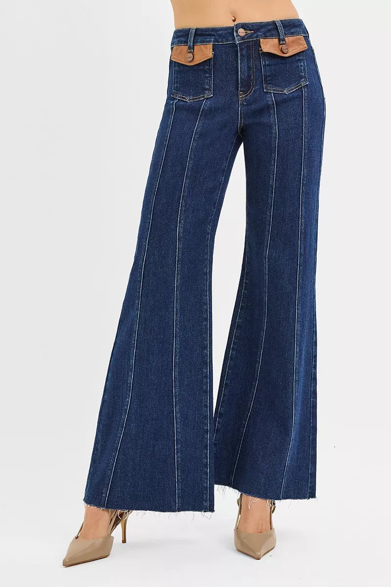 RISEN Wide Flare Jeans - High Rise Leather Pocket Detail - Fashions Envy