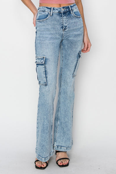 RISEN Full Size High Rise Cargo Flare Jeans - Fashions Envy