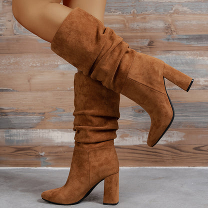 Slouchy Knee-High Boots - Sexy Suede Block Heel