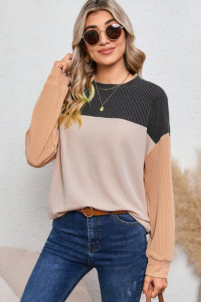 Ribbed Color Block Long Sleeve Corduroy Tunic Top