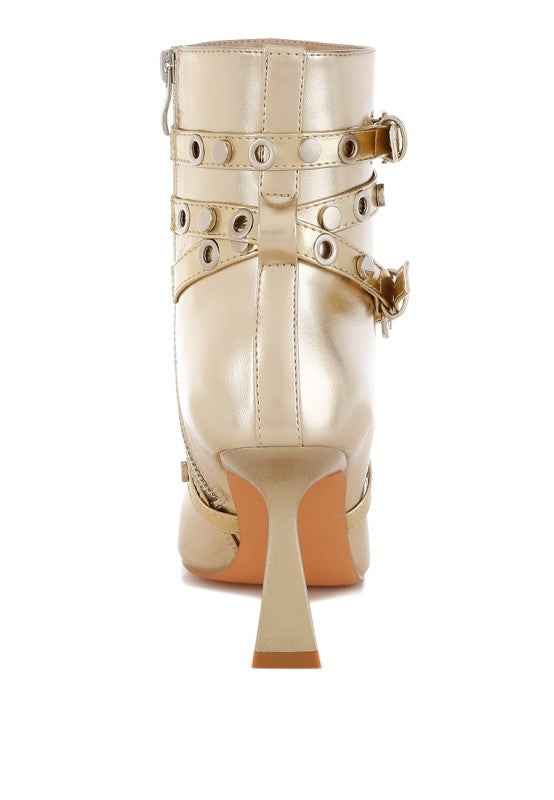 Marinta Metallic Slim Flared Heel Strappy Boots