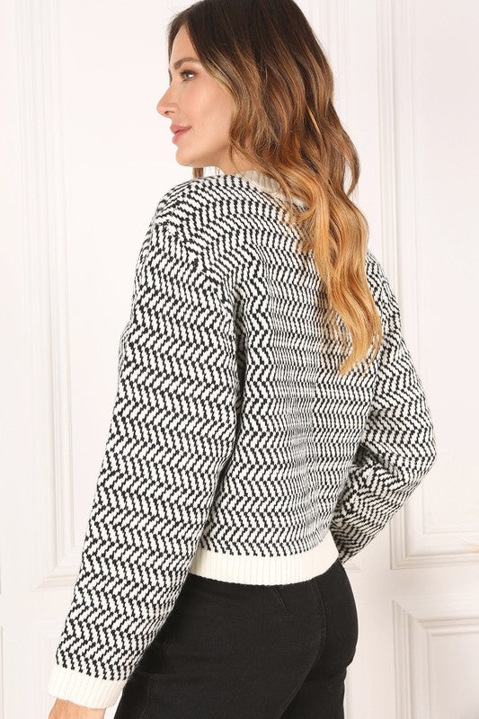 Herringbone Pattern Crew Neck Long Sleeve Sweater