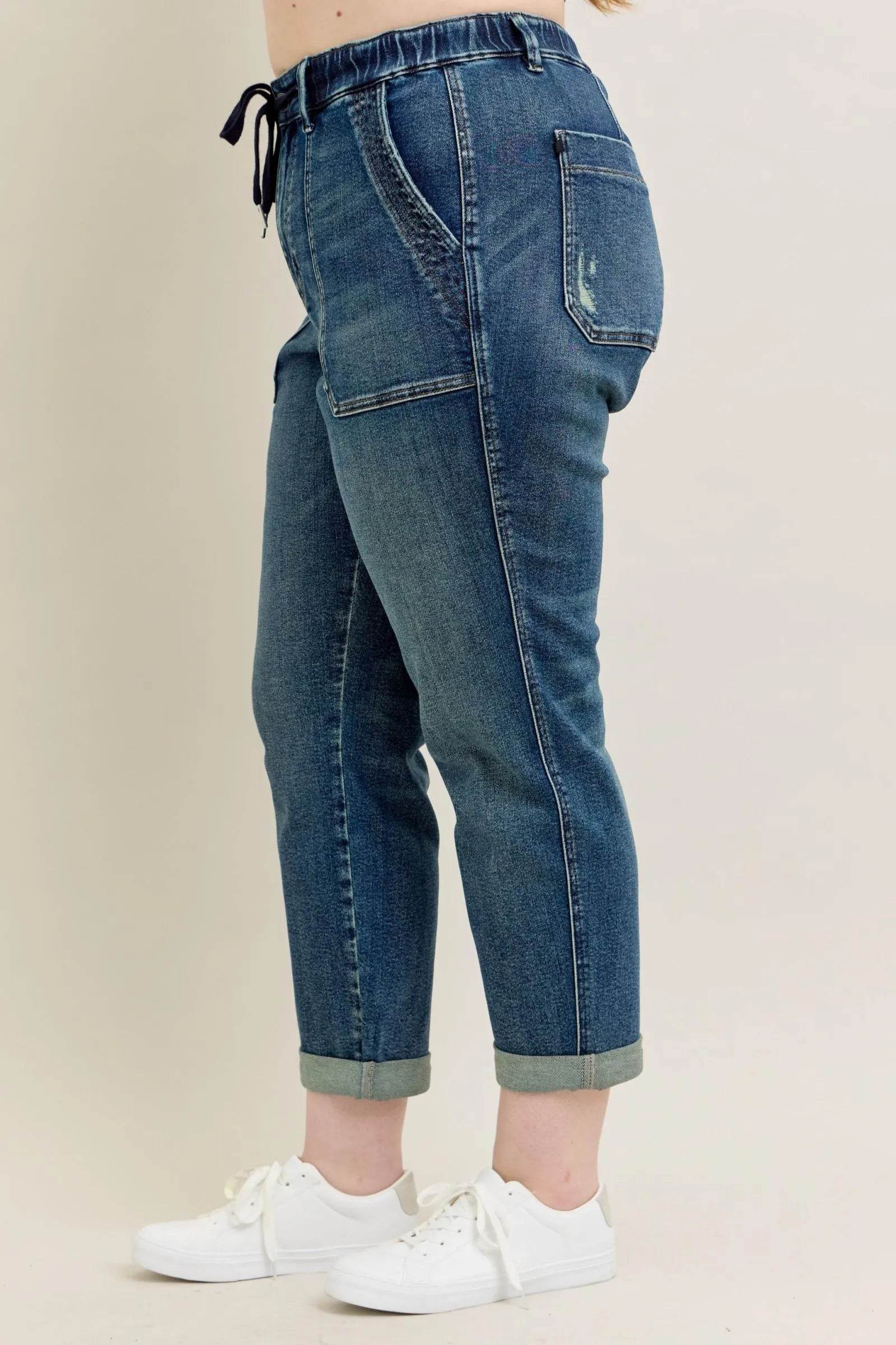 Judy Blue Full Size HW Vintage Wash Jeans w/ Drawstring Plus Size - Fashions Envy