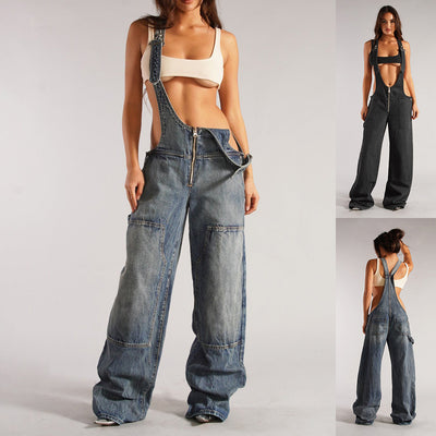 Denim Overalls - Y2K Zipper Suspender Wide Leg Jeans