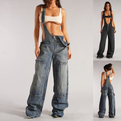 Denim Overalls - Y2K Zipper Suspender Wide Leg Jeans