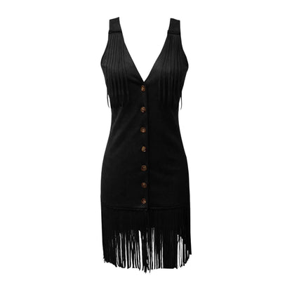 Women's Western Style Vest Dress - V-Neck Button Front Mini with Fringe