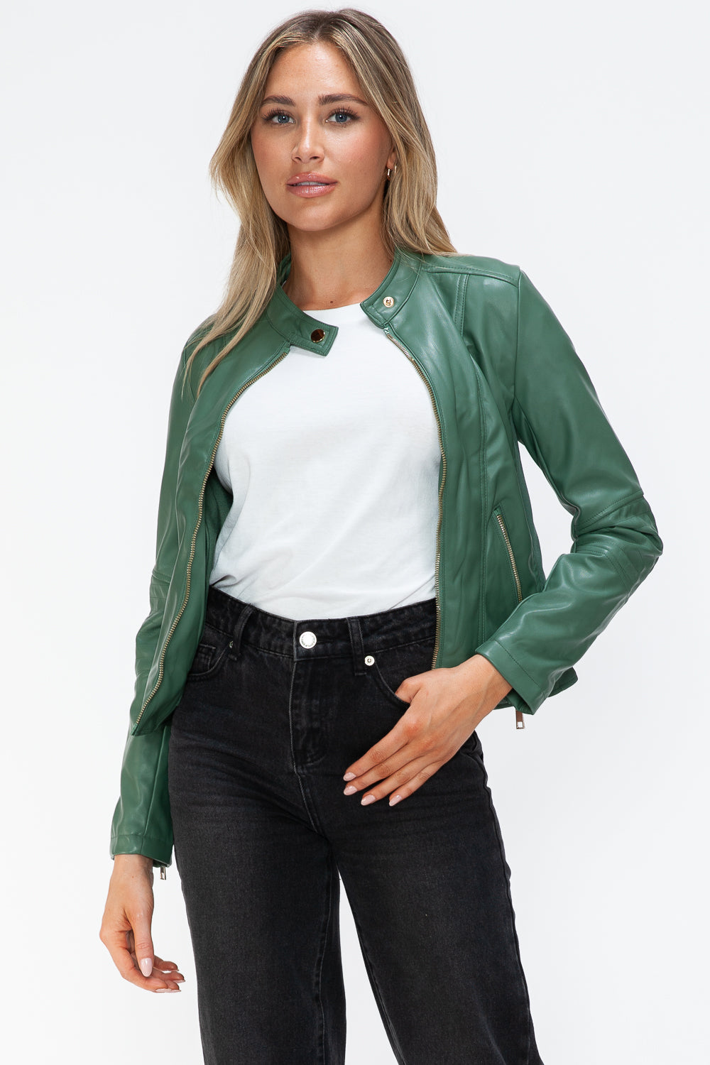 Sage Faux Leather Zip Up Drawstring Hooded Jacket