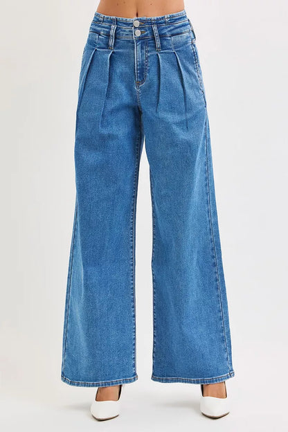 RISEN Wide Leg Jeans - Mid Rise Pleated Detail - Fashions Envy